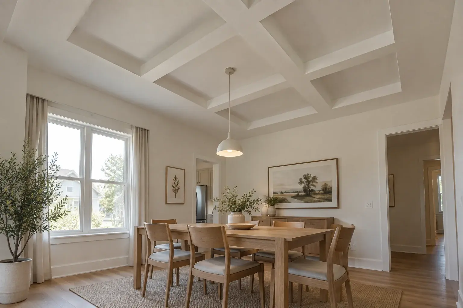 Dining room with a coffered ceiling grid of shallow drywall beams and warm light