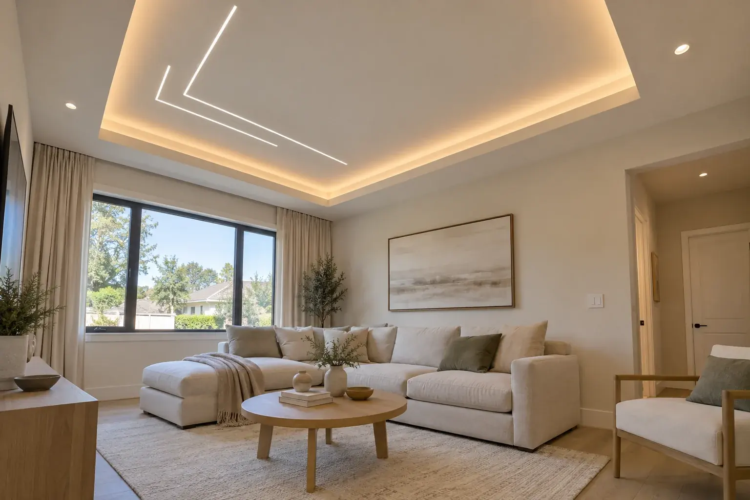 Living room with a tray border and two offset angular LED lines