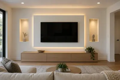 Modest media wall with an illuminated rectangular TV panel and two lit display niches