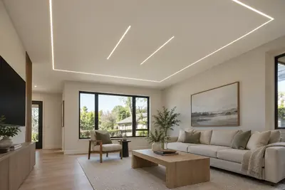 Living room ceiling with a recessed rectangular light outline, the kind of layout a drawing should settle before construction