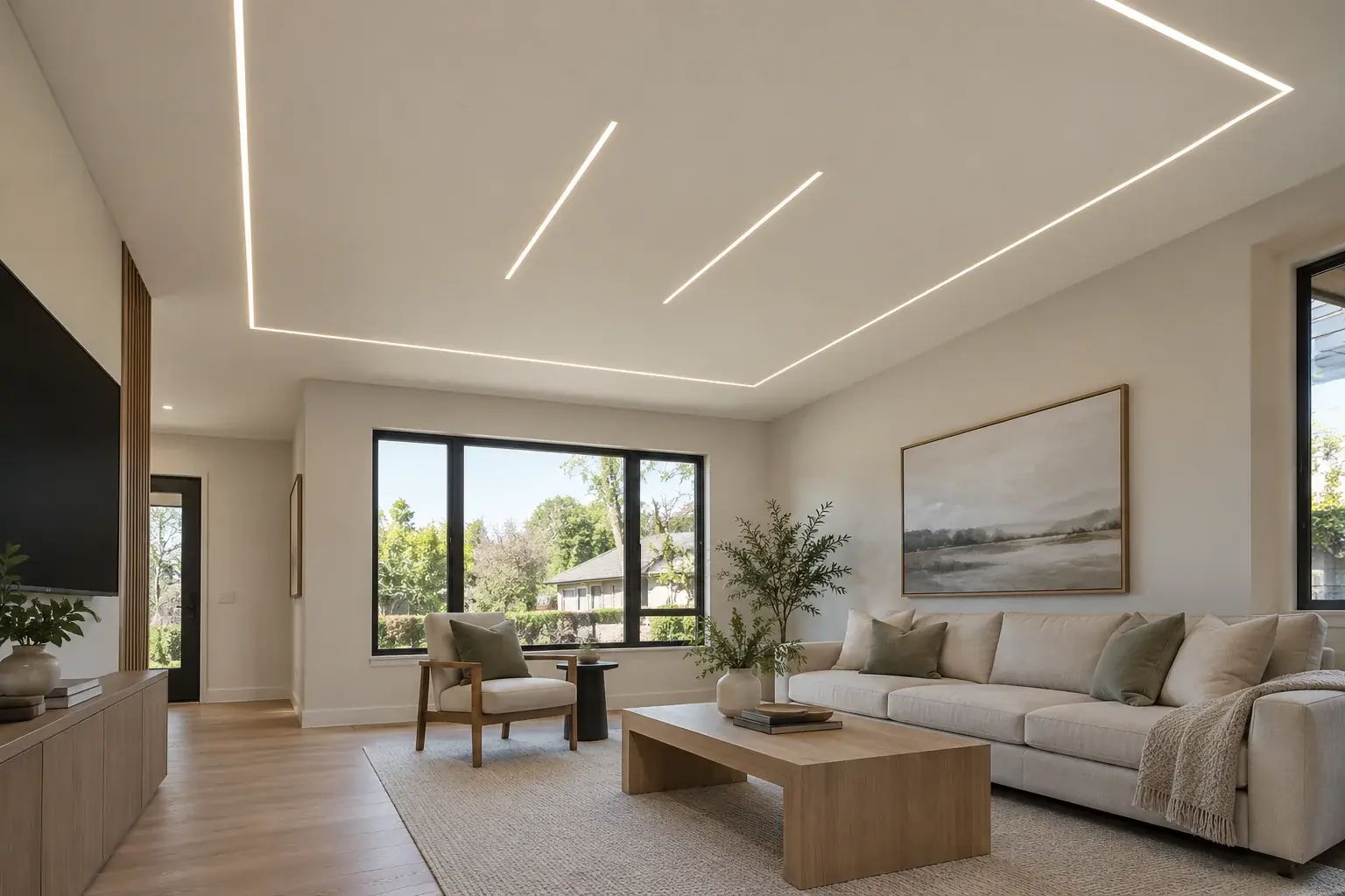 Living room with a rectangular recessed lighting outline and two short center lines