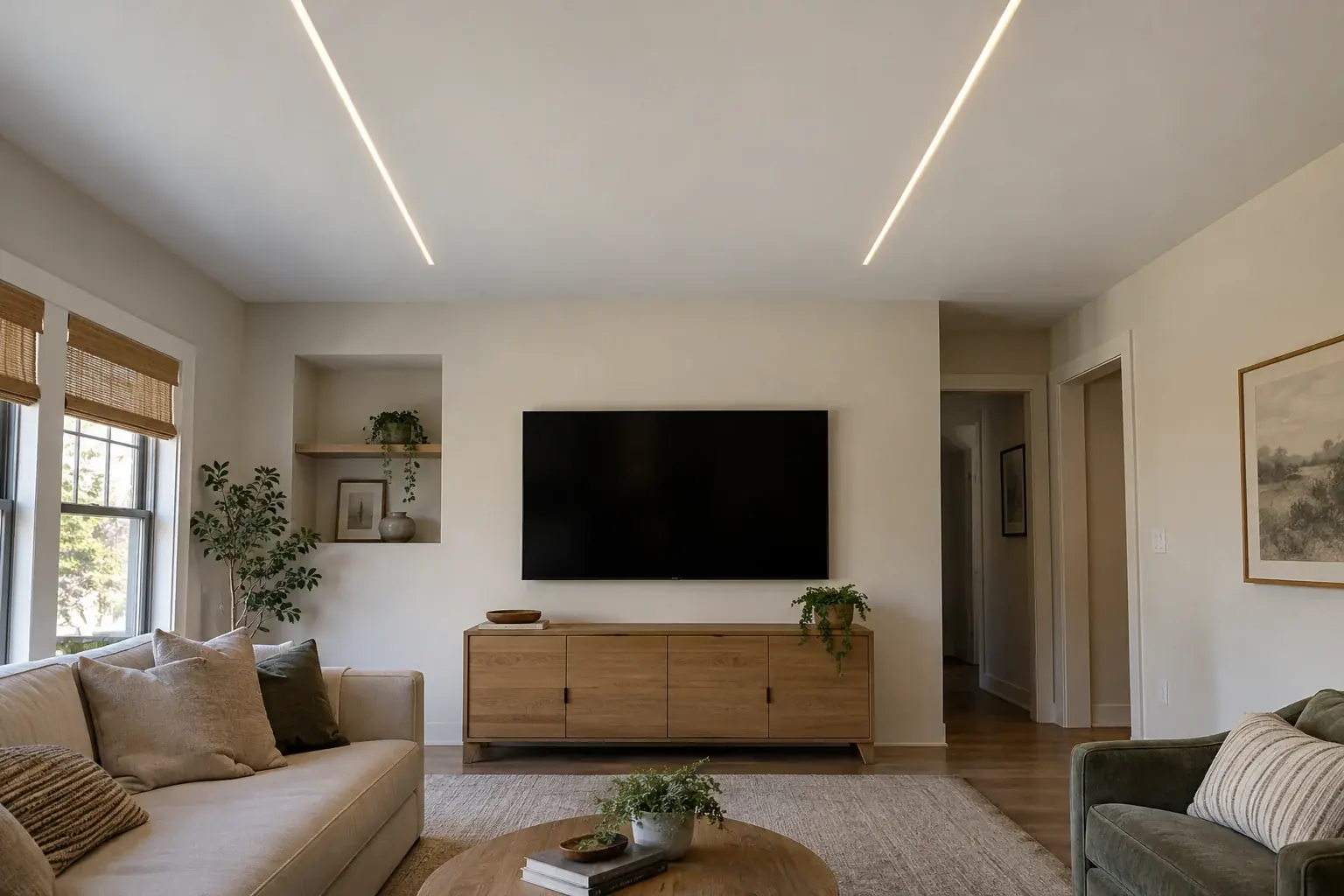 Living room with two straight recessed linear LED ceiling channels