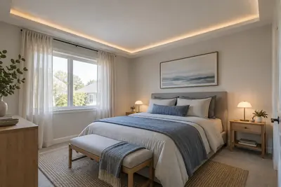Compact bedroom with a shallow perimeter ceiling detail and blue-gray textiles