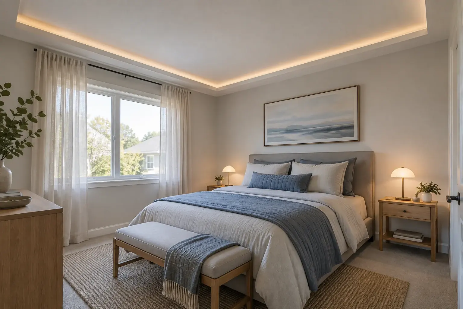 Small bedroom with blue-gray bedding and a shallow illuminated ceiling border